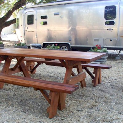 Forever Picnic Tables (Unattached Benches) (Options: 8' L, 34 ½in W, Side Benches, Old-Growth Redwood, 1 Full Length Side Benches Per Side, Standard Tabletop, Squared Corners, No Umbrella Hole, Transparent Premium Sealant).