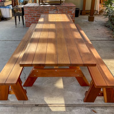 Forever Picnic Tables (Unattached Benches) (Options: 8', 34 ½in W, Side Benches, Mature Redwood, 2 Half Length Side Benches Per Side, Standard Tabletop, Squared Corners, No Umbrella Hole, Transparent Premium Sealant). Photo courtesy of M. of San Jose, CA.