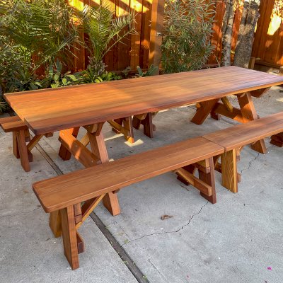 Forever Picnic Tables (Unattached Benches) (Options: 10', 34 ½in W, Side Benches, Mature Redwood, 2 Half Length Side Benches Per Side, Standard Tabletop, Squared Corners, No Umbrella Hole, Transparent Premium Sealant). Photo courtesy of M. of San Jose, CA.