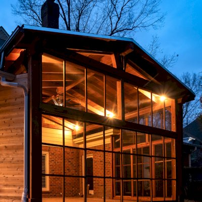 Forever Porch Pavilion (Options: 20' L x 20'-9" W, California Redwood, 2-Post Anchor Kit for High-Wind, No Electrical Wiring Trim, with 2 Fascia Boards for Gutters, 12 ft Posts Height, No Post Decorative Trims, 1 Ceiling Fan Base, No Curtain Rods, with Privacy Panels, Screened Sliding Doors and Fixed Screen Panels, Transparent Premium Sealant). Photo Courtesy of J. Pegg of Cordova, TN.