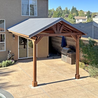 Forever Porch Pavilion (Options: 18' L x 12' W, California Redwood, 2-Post Anchor Kit for High-Wind, No Electrical Wiring Trim, 10 ft Posts Height, No Post Decorative Trims, No Ceiling Fan Base, No Curtain Rods, No Privacy Panels, Coffee-Stain Premium Sealant). Photo Courtesy of P. Johns of Cameron Park, CA.