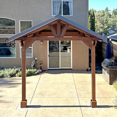 Forever Porch Pavilion (Options: 18' L x 12' W, California Redwood, 2-Post Anchor Kit for High-Wind, No Electrical Wiring Trim, 10 ft Posts Height, No Post Decorative Trims, No Ceiling Fan Base, No Curtain Rods, No Privacy Panels, Coffee-Stain Premium Sealant). Photo Courtesy of P. Johns of Cameron Park, CA.