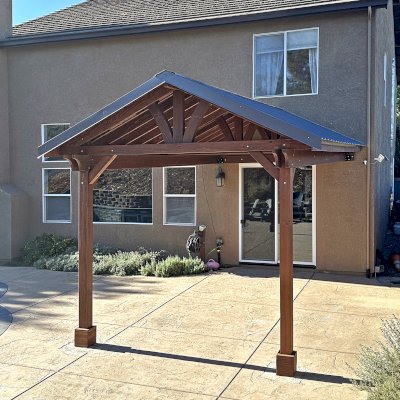 Forever Porch Pavilion (Options: 18' L x 12' W, California Redwood, 2-Post Anchor Kit for High-Wind, No Electrical Wiring Trim, 10 ft Posts Height, No Post Decorative Trims, No Ceiling Fan Base, No Curtain Rods, No Privacy Panels, Coffee-Stain Premium Sealant). Photo Courtesy of P. Johns of Cameron Park, CA.