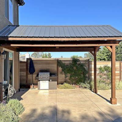Forever Porch Pavilion (Options: 18' L x 12' W, California Redwood, 2-Post Anchor Kit for High-Wind, No Electrical Wiring Trim, 10 ft Posts Height, No Post Decorative Trims, No Ceiling Fan Base, No Curtain Rods, No Privacy Panels, Coffee-Stain Premium Sealant). Photo Courtesy of P. Johns of Cameron Park, CA.