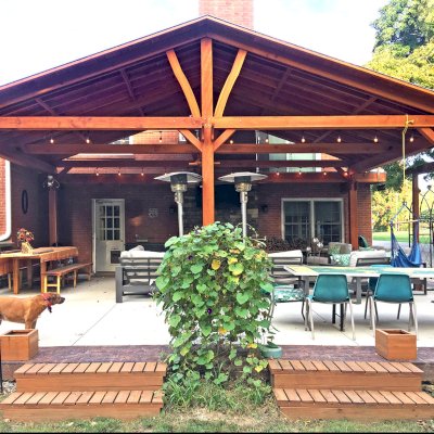 Custom Forever Porch Pavilion (Options: 30' L x 22' W, Douglas-fir, 5-Post Anchor Kit for Concrete, 1 Ceiling Fan Base, Transparent Premium Sealant). Because of the depth of the pavilion, posts up against the house were used for structural reasons. Photo Courtesy of A. Offutt of New Albany, Indiana.