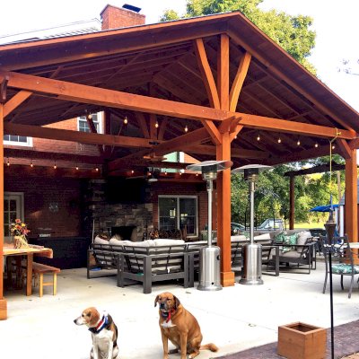 Custom Forever Porch Pavilion (Options: 30' L x 22' W, Douglas-fir, 5-Post Anchor Kit for Concrete, 1 Ceiling Fan Base, Transparent Premium Sealant). Because of the depth of the pavilion, posts up against the house were used for structural reasons. Photo Courtesy of A. Offutt of New Albany, Indiana.