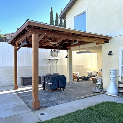 Custom Forever Porch Pavilion (Options: Hip Roof by Custom Request, 15' L x 15' W, California Redwood, 2-Post Anchor Kit for High-Wind, with 2 Electrical Wiring Trims, 10.5ft Posts Height, 1 Ceiling Fan Base, No Curtain Rods, No Privacy Panels, Transparent Premium Sealant). Photo Courtesy of W. Zhang of Thousand Oaks, CA.