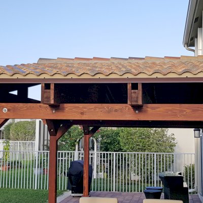 Forever Porch Pavilion (Options: 12' L x 25' W, California Redwood, 3-Post Anchor Kit for High-Wind, No Electrical Wiring Trim, 9ft Posts Height, No Ceiling Fan Base, No Curtain Rods, No Privacy Panels, Transparent Premium Sealant). Photo Courtesy of Carol Varela of Florida.
