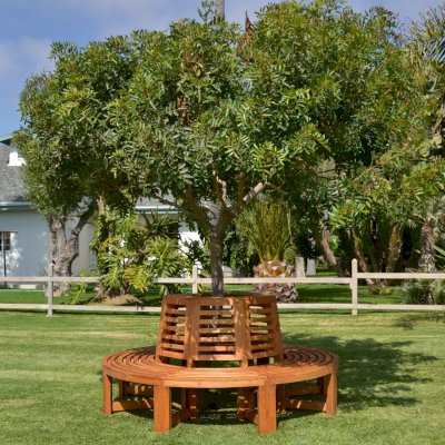 Forever Wood Tree Bench (Options: 7 ft, California Redwood, Beverage Ledge, No Cushion, No Engraving, Transparent Premium Sealant).