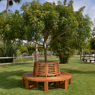 Forever Wood Tree Bench (Options: 7 ft, California Redwood, Beverage Ledge, No Cushion, No Engraving, Transparent Premium Sealant).
