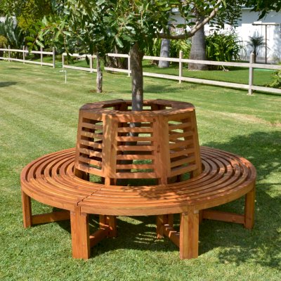 Forever Wood Tree Bench (Options: 7 ft, California Redwood, Beverage Ledge, No Cushion, No Engraving, Transparent Premium Sealant).