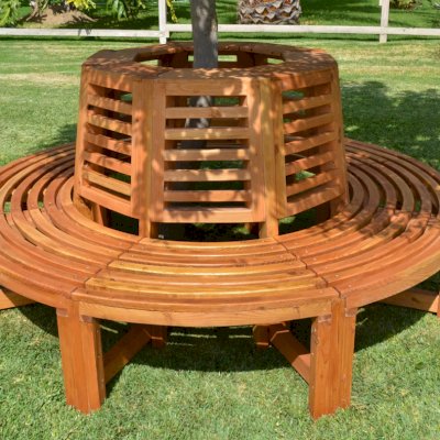 Forever Wood Tree Bench (Options: 7 ft, California Redwood, Beverage Ledge, No Cushion, No Engraving, Transparent Premium Sealant).