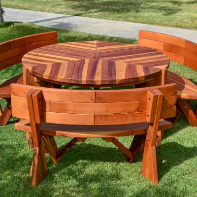 3 Fullback Arc Wood Picnic Bench (Options: 49 1/2 inches, California Redwood, No Engraving, Transparent Premium Sealant) with a Matching Lisa's Table. 