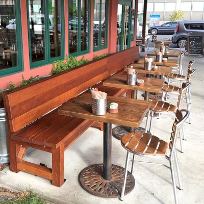 Custom Fullback Wood Picnic Bench (Options: Old-Growth Redwood, Transparent Premium Sealant). Photo Courtesy of Chow's Restaurant in 3770 Piedmont Avenue, Oakland, CA.