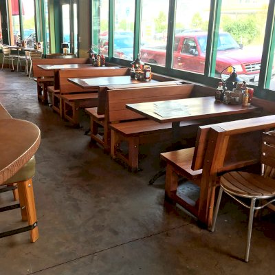 Custom Fullback Wood Picnic Bench (Options: Old-Growth Redwood, Transparent Premium Sealant). Photo Courtesy of Chow's Restaurant in 3770 Piedmont Avenue, Oakland, CA.