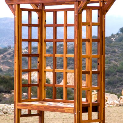 Garden Arbor Bench (Options: 74" W x 32" D, Mosaic Redwood, Add Bench, No Anchor Kit, Transparent Premium Sealant).