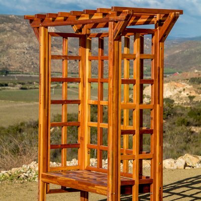 Garden Arbor Bench (Options: 74" W x 32" D, Mosaic Redwood, Add Bench, No Anchor Kit, Transparent Premium Sealant).