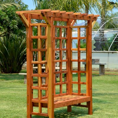 Garden Arbor Bench (Options: 74" W x 32" D, California Redwood, Add Bench, No Anchor Kit, Transparent Premium Sealant).