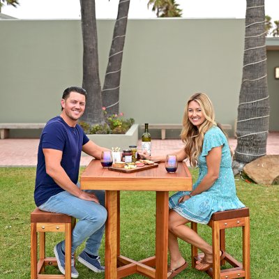 Gladys's Balcony Table Set (Options: 30" x 30", 2 Side Benches, California Redwood, Transparent Premium Sealant).