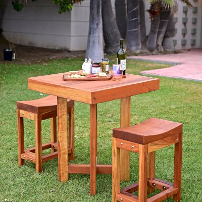 Gladys's Balcony Table Set (Options: 30" x 30", 2 Side Benches, California Redwood, Transparent Premium Sealant).