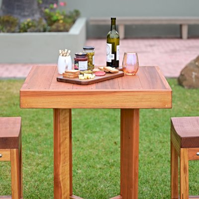 Gladys's Balcony Table Set (Options: 30" x 30", 2 Side Benches, California Redwood, Transparent Premium Sealant).