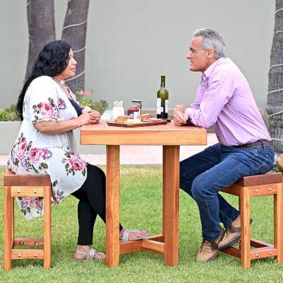 Gladys's Balcony Table Set (Options: 30" x 30", 2 Side Benches, California Redwood, Transparent Premium Sealant).