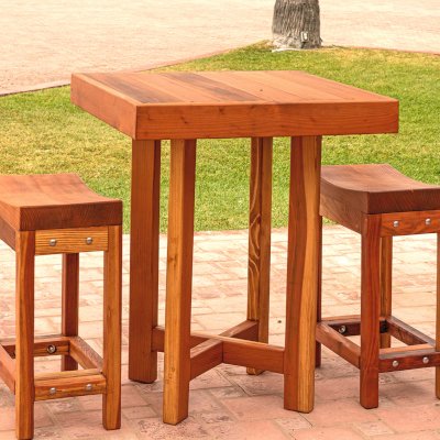Gladys's Balcony Table Set (Options: 30" x 30", 2 Side Benches, California Redwood, Transparent Premium Sealant).