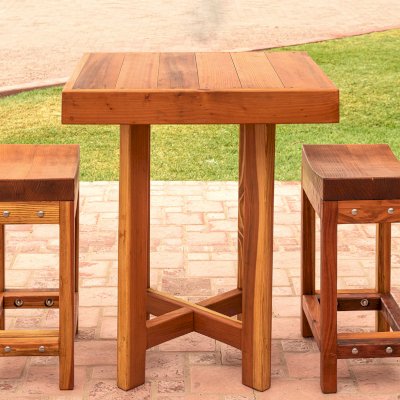 Gladys's Balcony Table Set (Options: 30" x 30", 2 Side Benches, California Redwood, Transparent Premium Sealant).