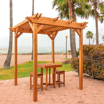 Gladys's Balcony Table Set Under a Small Lattice Pergola (Options: 30" x 30", 2 Side Benches, California Redwood, Transparent Premium Sealant).