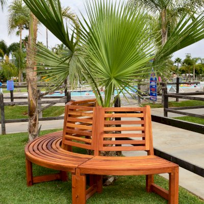 Half Circle Tree Bench (Options: 8 1/2 ft, California Redwood, No Cushion,  Transparent Premium Sealant). 