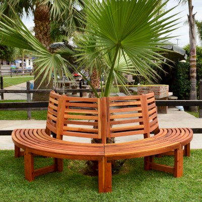 Half Circle Tree Bench (Options: 8 1/2 ft, California Redwood, No Cushion,  Transparent Premium Sealant). 