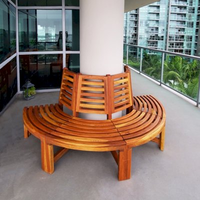 Half Circle Tree Bench (Options: 5 ft, California Redwood, No Cushion,  Transparent Premium Sealant). 