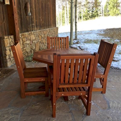 Helen's Octagonal Terrace Tables (Options: 4 ft, Massive Chairs, Old-Growth Redwood, Standard Tabletop, No Umbrella Hole, Transparent Premium Sealant). Photo Courtesy of P. Sigel of Telluride, Colorado.