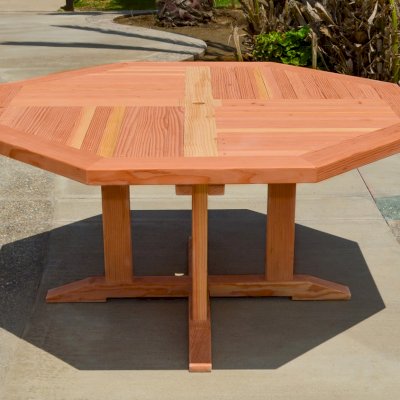 Helen's Octagonal Terrace Tables (Options: 4 1/2 ft, No Seating, Douglas-fir, Standard Tabletop, Rounded Corners, Umbrella Hole, Transparent Premium Sealant). 