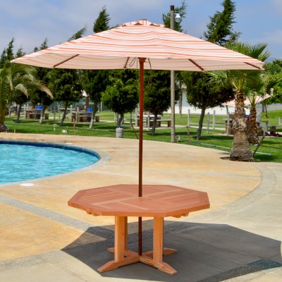Helen's Octagonal Terrace Tables (Options: 4 1/2 ft, No Seating, Douglas-fir, Standard Tabletop, Rounded Corners, Umbrella Hole, Transparent Premium Sealant). 