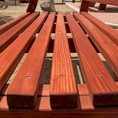Hennell Wooden Garden Bench (Options: 6 ft, California Redwood, No Cushion, No Engraving, Coffee-Stain Premium Sealant). Photo Courtesy of J. Siegel of Agoura Hills, California.