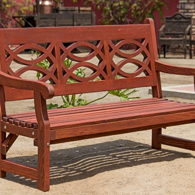 Hennell Wooden Garden Bench (Options: 6 ft, California Redwood, No Cushion, No Engraving, Coffee-Stain Premium Sealant). Photo Courtesy of J. Siegel of Agoura Hills, California.