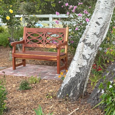 Hennell Wooden Garden Bench (Options: 4 ft, California Redwood, No Cushion, Custom Engraving, Transparent Premium Sealant). Photo Courtesy of T. Sackett of Sebastopol, CA.