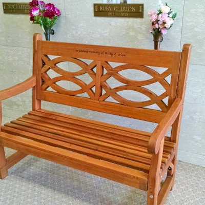 Hennell Wooden Garden Bench (Options: 4 ft, Old-Growth Redwood, No Cushion, Custom Engraving, Transparent Premium Sealant). Photo Courtesy of David Irion of Great Falls, MT.
