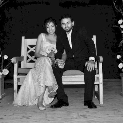 Wedding at the Barn. Hennell Wooden Garden Bench (Options: 4 ft, Douglas-fir, Custom Cushion, Custom Engraving, Transparent Premium Sealant). Photo Courtesy of Paty & Abel Jimenez of Baja, Mexico.   