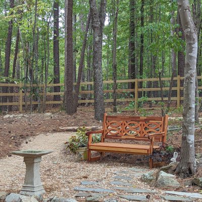 Hennell Wooden Garden Bench (Options: 5 ft, Mosaic Douglas-Fir, No Cushion, No Engraving, Transparent Premium Sealant). Photo Courtesy of S. Palmatier of Durham, NC.