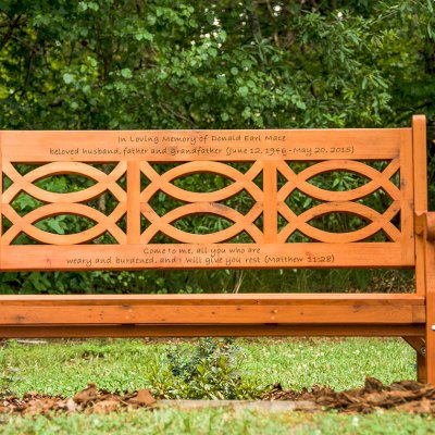 Hennell Wooden Garden Bench (Options: 5 ft, Old-Growth, No Cushion, Custom Engraving, Transparent Premium Sealant). Photo Courtesy of  Charles Greene of Ellenboro, North Carolina.