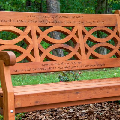 Hennell Wooden Garden Bench (Options: 5 ft, Old-Growth, No Cushion, Custom Engraving, Transparent Premium Sealant). Photo Courtesy of  Charles Greene of Ellenboro, North Carolina.