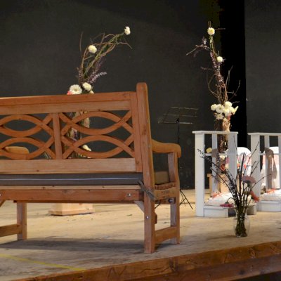 Wedding at the Barn. Hennell Wooden Garden Bench (Options: 4 ft, Douglas-fir, Custom Cushion, Custom Engraving, Transparent Premium Sealant). Photo Courtesy of Paty & Abel Jimenez of Baja, Mexico.   
