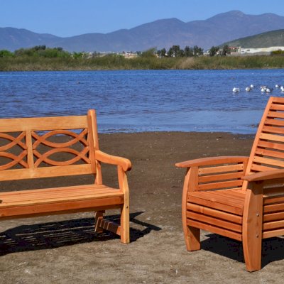 Hennell Wooden Garden Bench (Options: 4 ft, Douglas-fir, No Cushion, No Engraving, Transparent Premium Sealant). Photo also shows a Marazul Chair in Douglas-fir. 