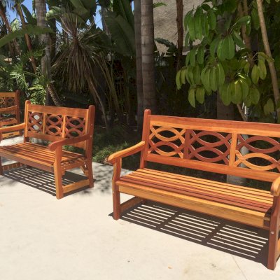 Hennell Wooden Garden Bench (Options: 5 ft, California Redwood, No Cushion, No Engraving, Transparent Premium Sealant). Photo Courtesy of Knott's Berry Farm in Buena Park, CA. You can see these benches in the courtyard of the Knott's hotel in Buena Park.
