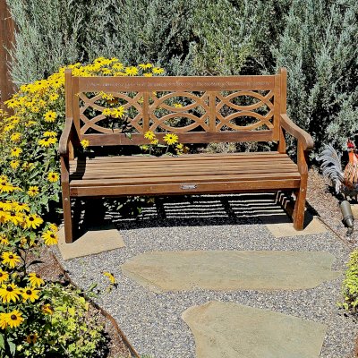 Hennell Wooden Garden Bench (Options: 5 ft, Old-Growth Redwood, No Cushion, Custom Engraving, Transparent Premium Sealant). Photo Taken 4 Years After Installation. Photo Courtesy of R. Evans of Camas, WA.