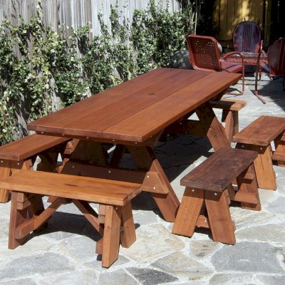 Heritage Large Wooden Picnic Table (Options: 8' L, 34 1/2" W, Side and End Benches, Unattached Benches, 2 Half Length Side Benches/Side, Forever Style Benches, Standard Tabletop, Squared Corners, Standard Leg Flair, Umbrella Hole, Transparent Premium Sealant).