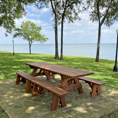 Heritage Large Wooden Picnic Table (Options: 10' L, 36" W, Side Benches, Unattached Benches, 2 Half Length Benches Per Side, Standard Tabletop, Slightly Rounded Corners, No Umbrella Hole, Transparent Premium Sealant). Photo Courtesy of J. Long of Carrollton, Texas.