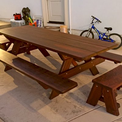 Heritage Large Wooden Picnic Table (Options: 8' L, 34 1/2" W, Side & End Benches, Attached Benches, Standard Tabletop, Rounded Corners, Standard Leg Flair, No Umbrella Hole, Coffee-Stain Premium Sealant).